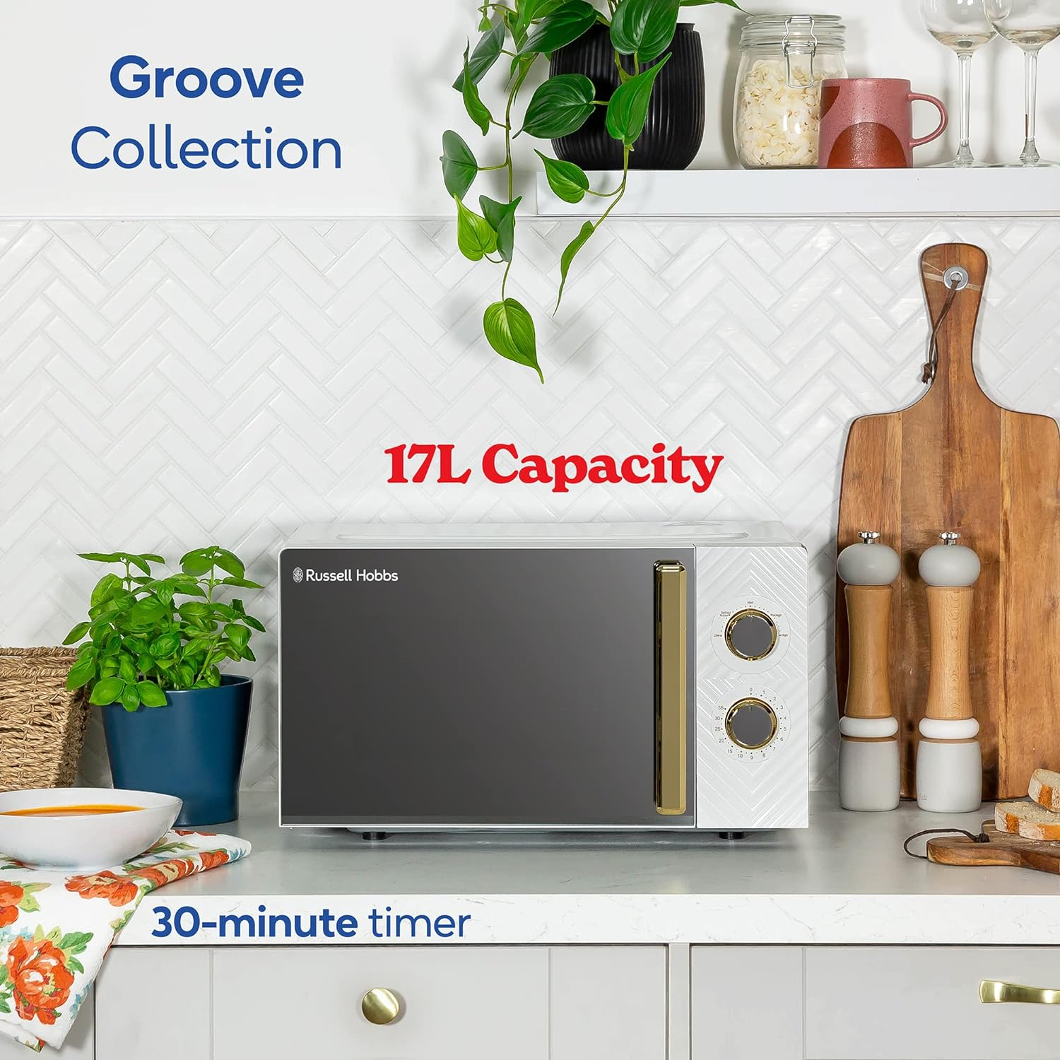 Russell Hobbs 17 Litre 700W White Solo Manual Microwave with Groove Design, 5 Power Levels, Integrated Timer and Defrost Function, Easy Clean RHMM723 image number 6