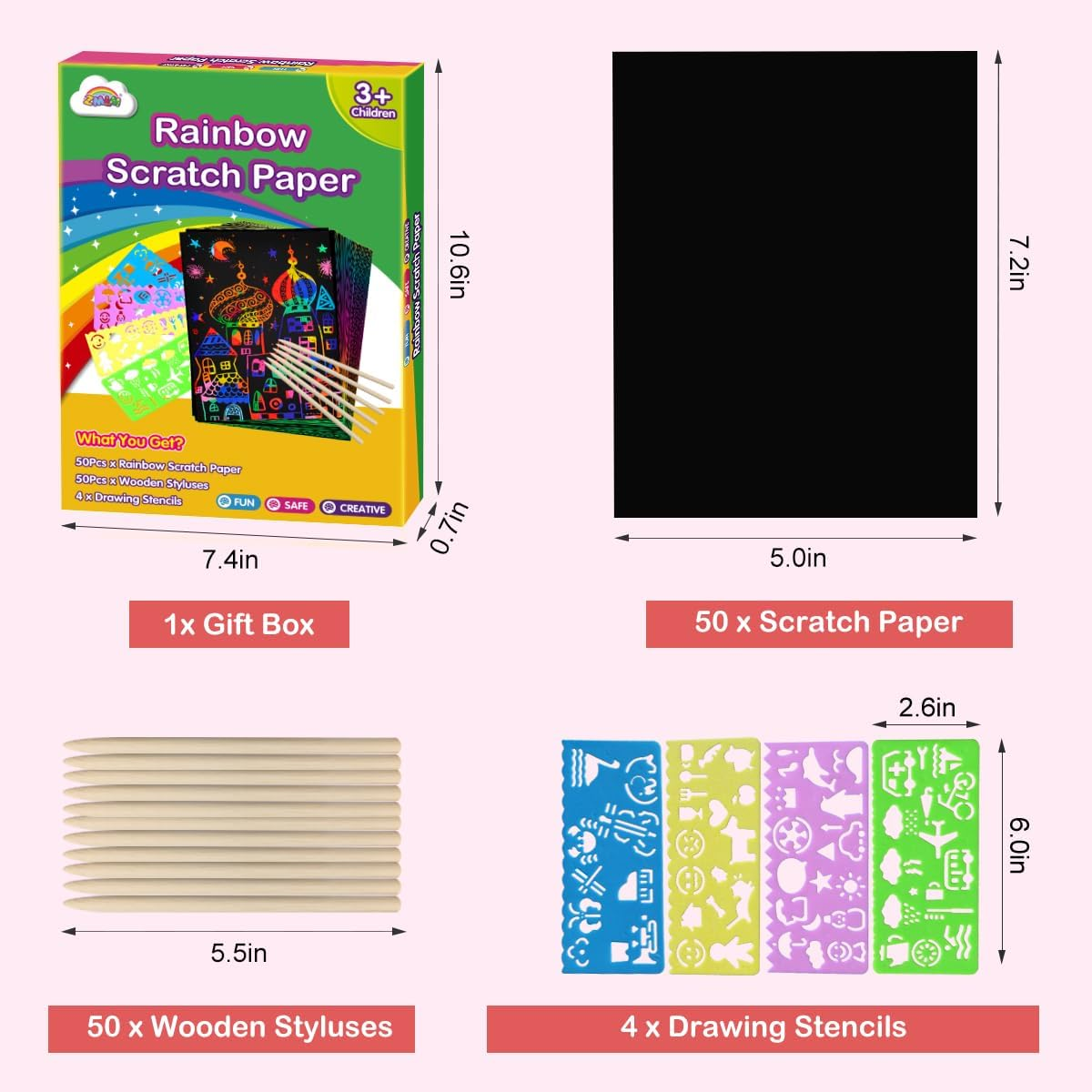 ZMLM Scratch Paper Art Set: 60Pcs Magic Drawing Art Craft Kid Black Scratch off Paper Supply Kit Toddler Preschool Learning Bulk Toy for Age 3 4 5 6 7 8 9 10 Girl Boy Christmas Birthday Party Gift image number 3