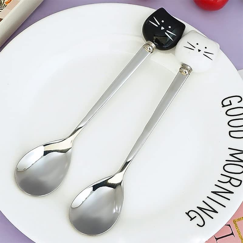Cute Cat Spoon for Tea Coffee Ceramic Stainless Steel Spoons for Cat Lover Cat Food Spoon for Wet Food Cat Themed Gifts for Couples Wedding House Warming Gifts 2Pcs image number 2