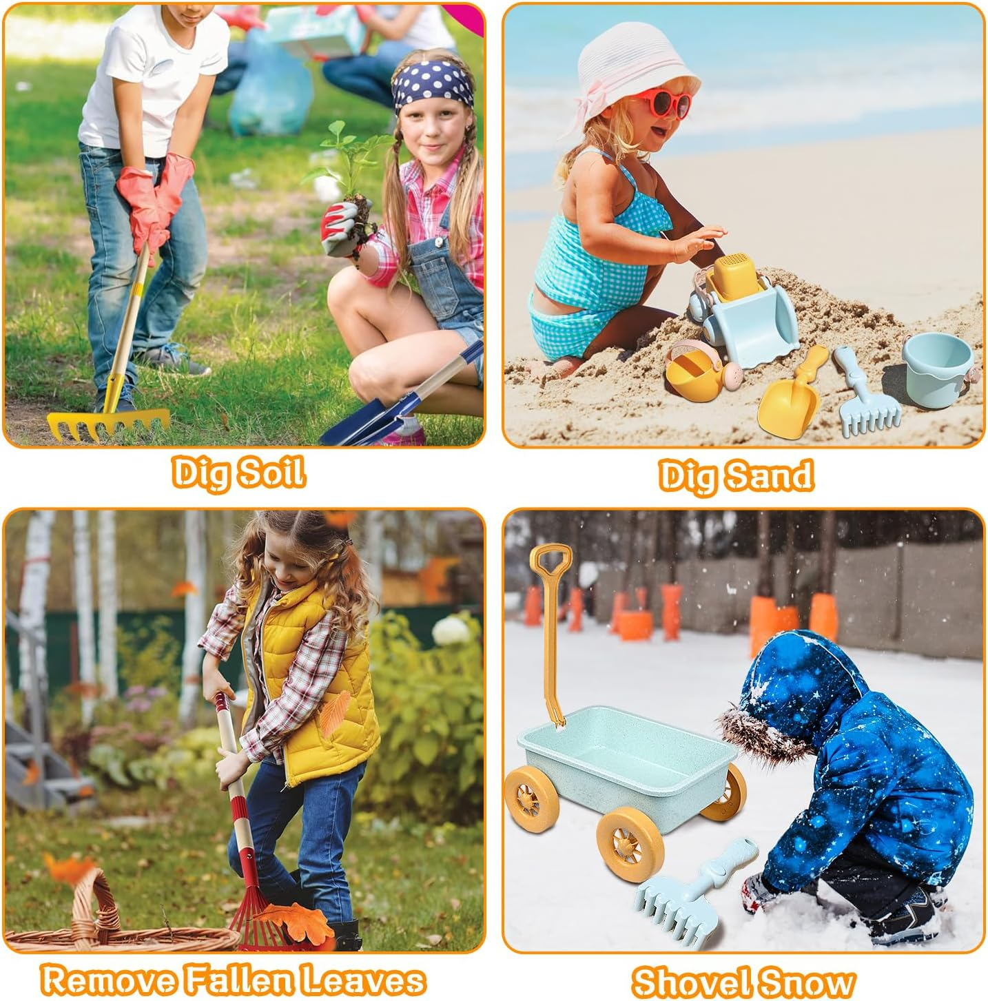 Mostop Kids Gardening Tools Set, Gardening Set for Kids, Outdoor Backyard Farm Digging Toys with Wheelbarrow, Metal Shovel, Rake, Leaf Rake, outside Garden Wagon Toys Birthday Gifts for Boys Girls 4-8 image number 4