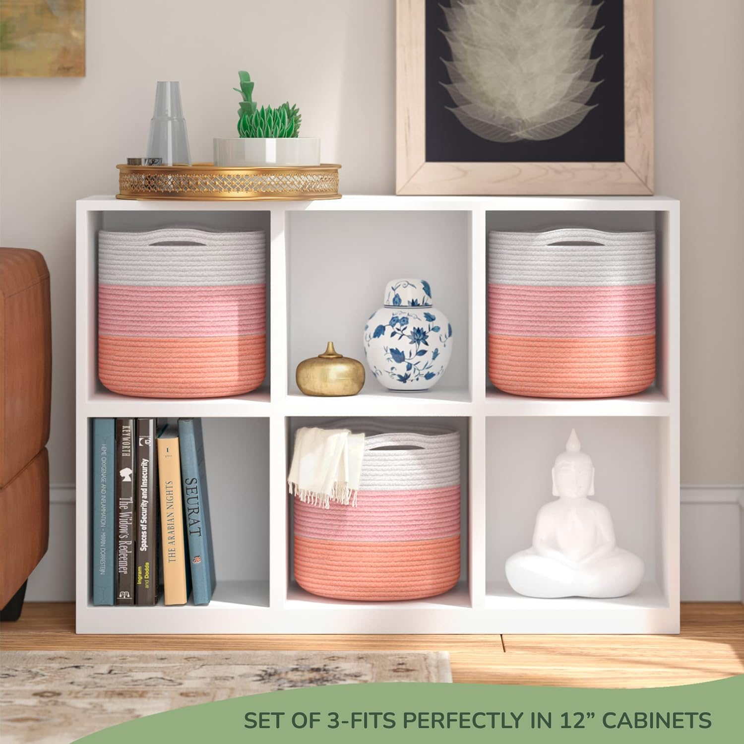 Recycled Cotton Rope Storage Cube Basket, Plant Basket Multi-Purpose Woven Cube Organizer/Shelves, Closet Storage Bins, Nursery Kids Room Organizer 11 Inch Set of 3 - White & Pink