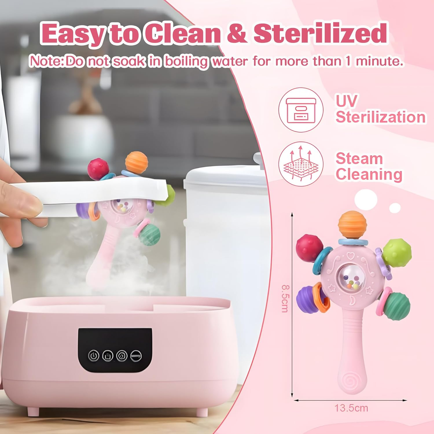 Baby Teether - Soft Silicone Baby Montessori Sensory Teether Toy- Chew Teether Toy for Babies - BPA Free Teething Sensory Rattle- Freezable Infant Soother Toy,Easy to Hold,Portable Rattle for Early Learning Education(Pink) image number 3