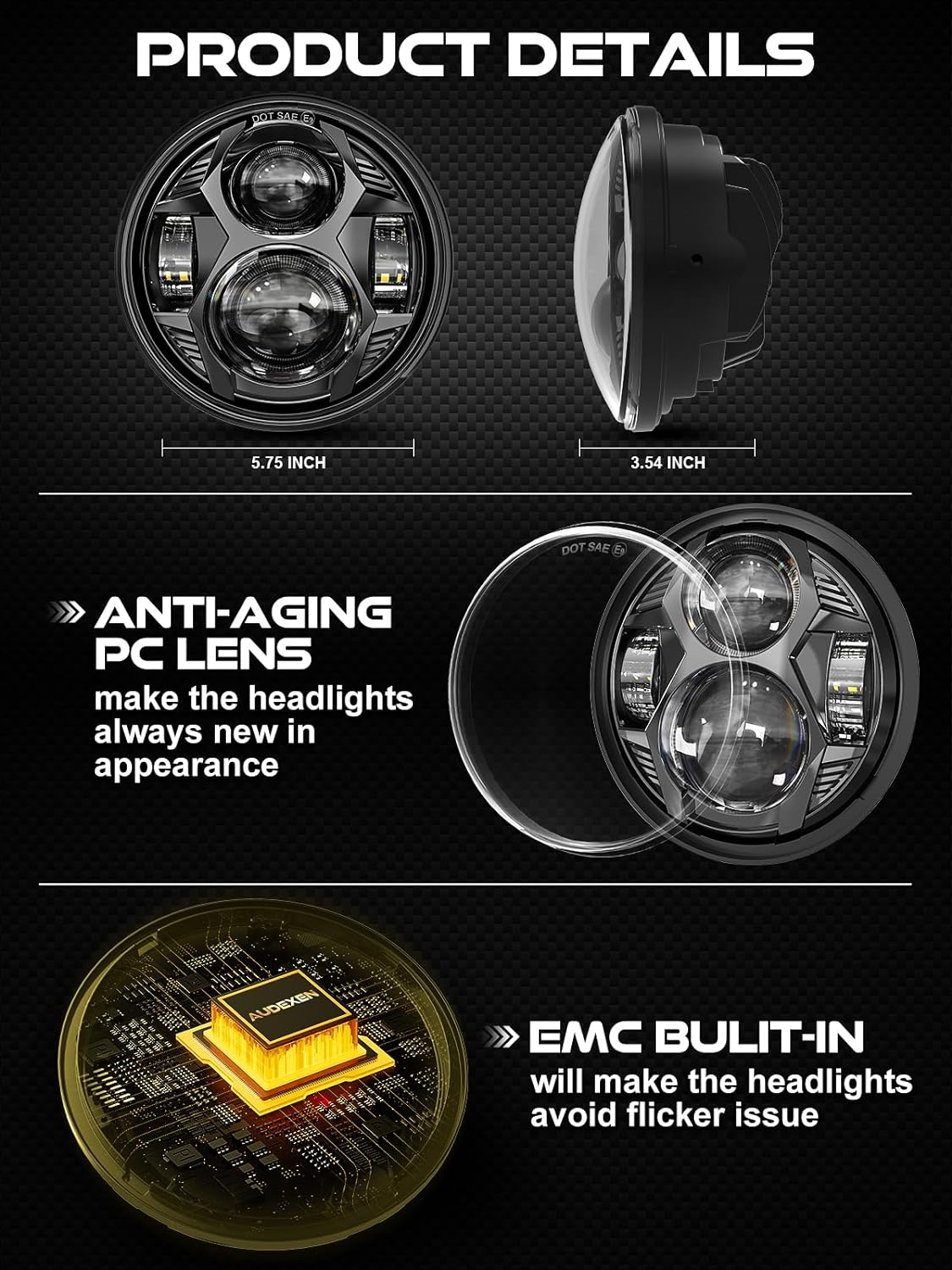 5.75 Inch round Led Headlight 51W 5-3/4" Headlight Compatible with Harley Dyna Sportster Iron 883 Street Rod Street Bob Softail Deuce Custom Super Wide Glide Motorcycle, Black - Red image number 4