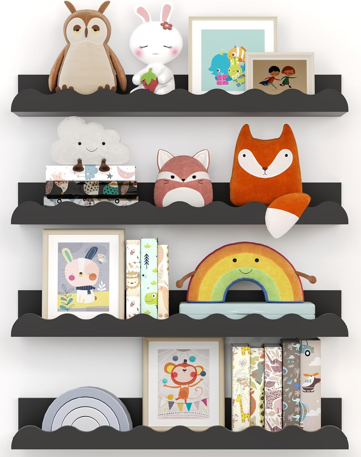 Kids Nursery Bookshelves, 4 PCS White Floating Book Shelves, Picture Ledge Shelf for Wall Decor and Storage - Perfect for Books, Toys, Photo Frames, and Nursery D&eacute;cor (Black)（16.5 * 3.34 * 1.97''） image number 1