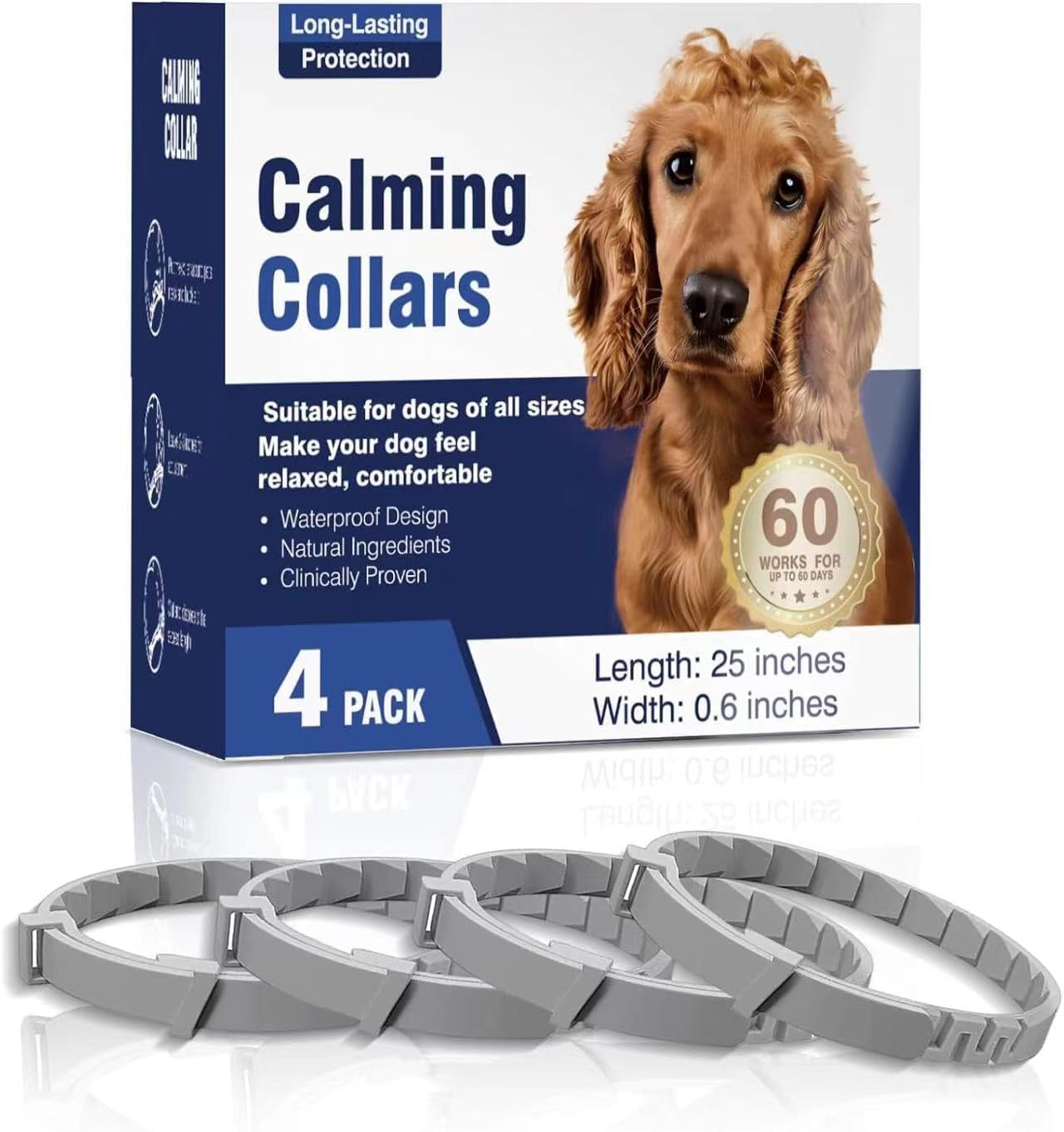 Calming Collar for Dogs, 4 Packs Dog Calming Collar, Pheromone Collar for Dogs, Relief Anxiety Stress Separation, Lasts 60 Days, 25 Inches Size Flexible Adjustable, for All Small Medium and Large Dog