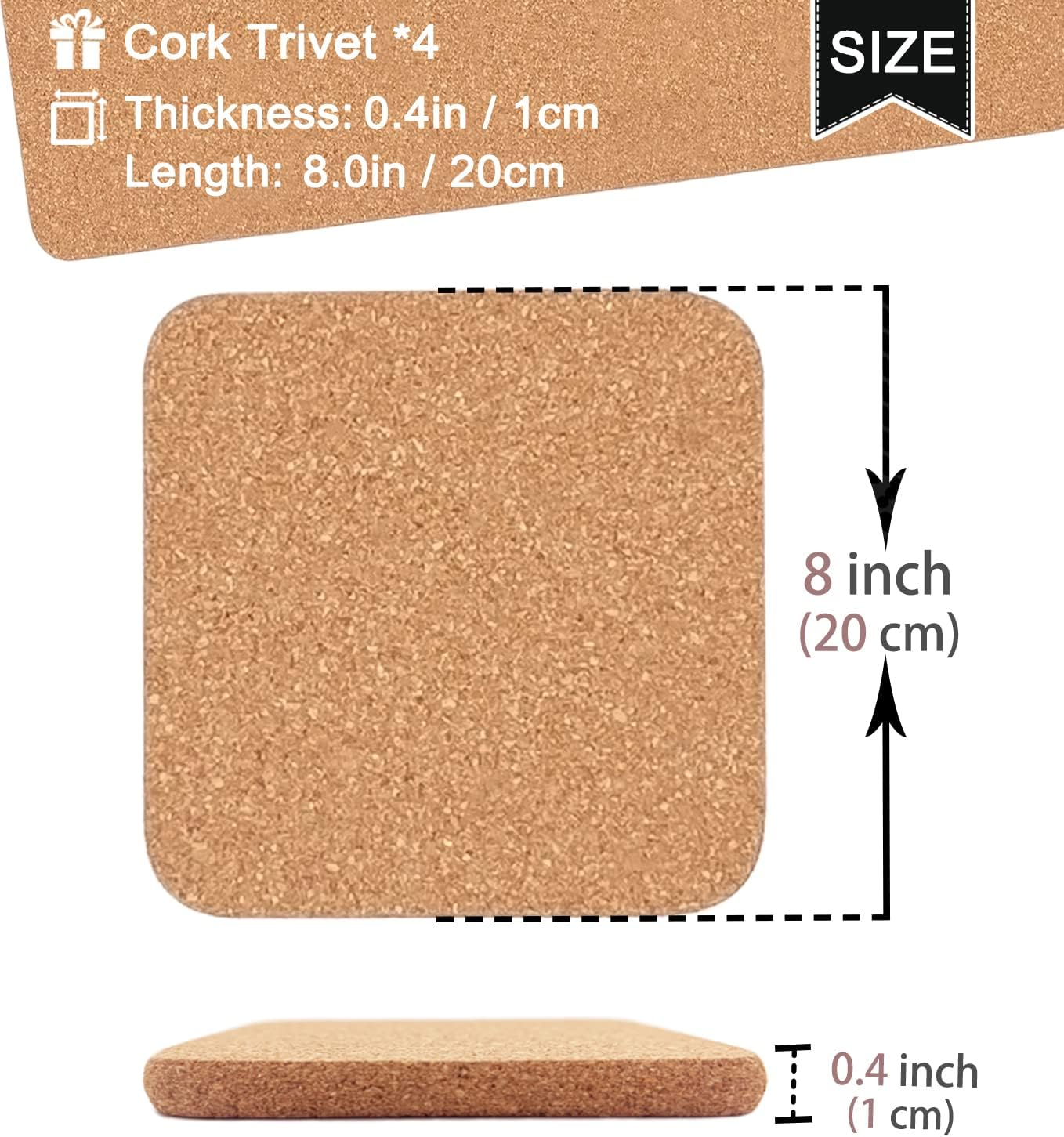 Cork Trivet, 4 Pcs High Density Thick Square Cork Trivets for Hot Dishes, 8 Inch Heat Resistant Multifunctional Cork Coaster, Cork Hot Pads for Table & Countertop KTLBCT16 image number 2