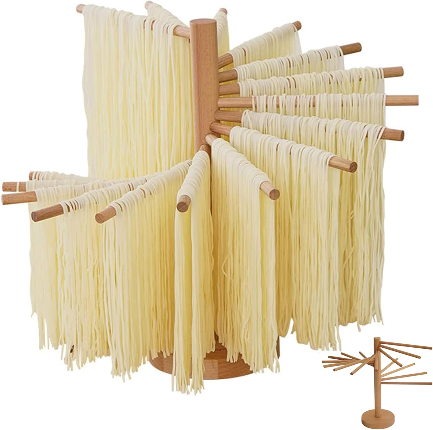 Collapsible Pasta Drying Rack, Wooden Spaghetti Stand Dryer with 16 Suspension Rods Homemade Fresh Noodle Tree Stand Hanger, Easy Storage & Quick Set-Up Hanging Rack for Home Kitchen (A)