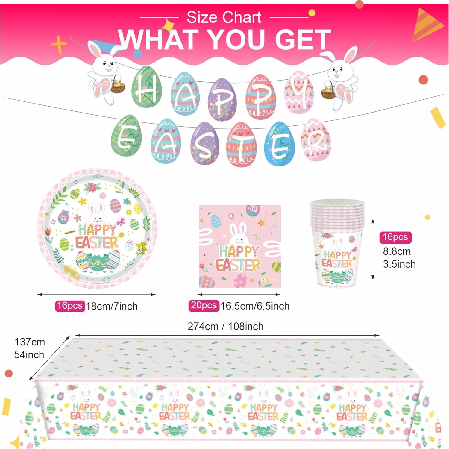 54Pcs Easter Party Tableware Decorations Easter Egg Hunt Cartoon Party Decorations Table Cloth,7Inch Paper Plates,Banner,Paper Napkins for Easter Theme Table Party Favor- Spring Decorations image number 3