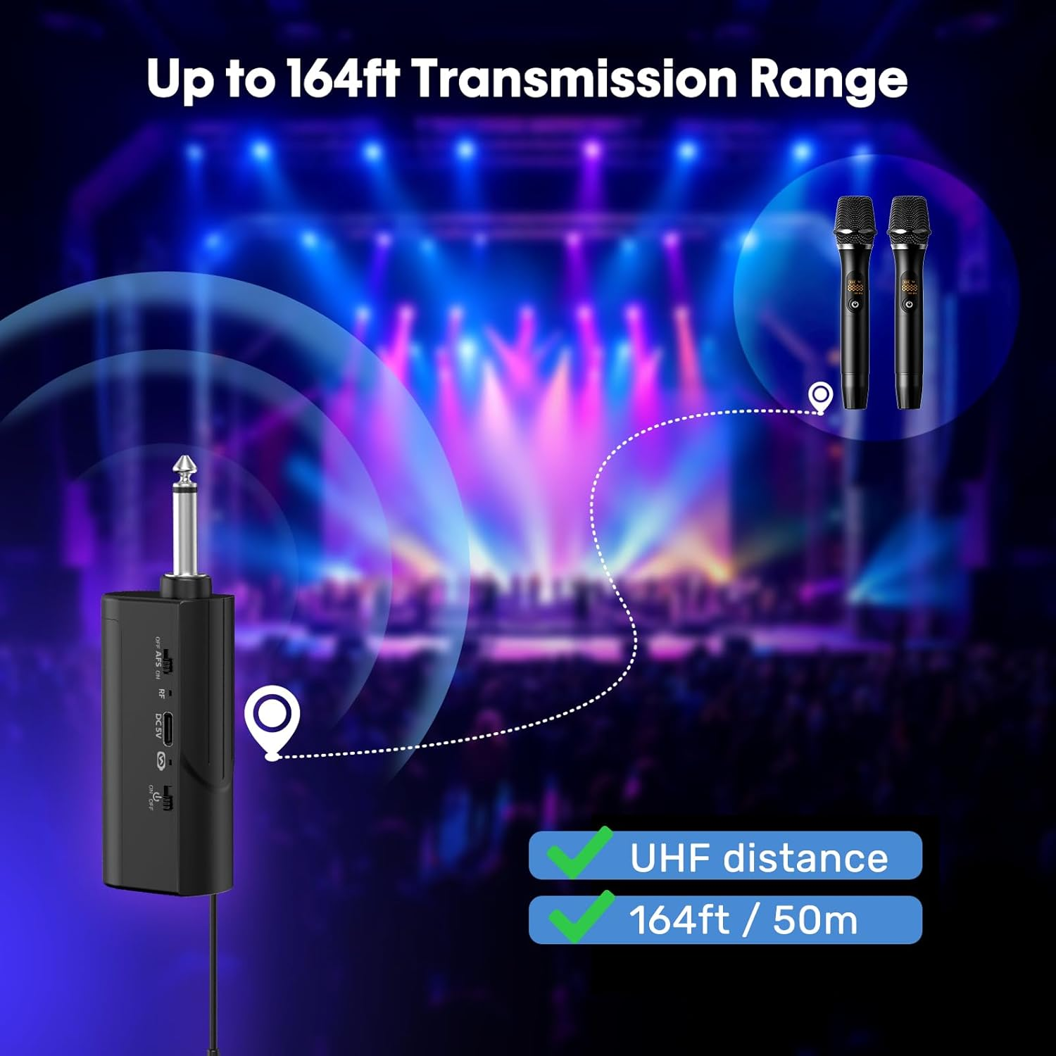 Rechargeable Wireless Microphones, Professional UHF Dual Microphones with Rechargeable Receiver, for Karaoke, Wedding, DJ, Party & Speech (Black) image number 5
