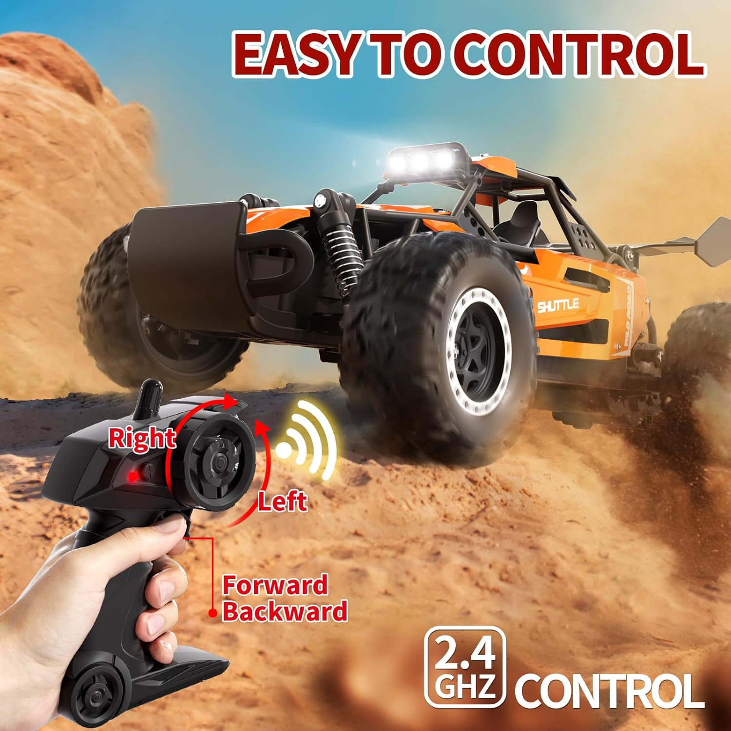 Remote Control Car,1:16 Scale Alloy RC Cars Toys for Boys Kids, 2.4Ghz 4WD Off-Road Vehicle with LED Headlight(Orange) - Orange image number 5