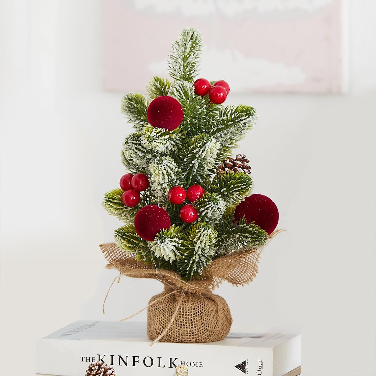 Burlap Small Christmas Tree Decor with Lights - Mini Tabletop Artificial Tree Centerpiece Christmas Gift Indoor Home Office Desk Holiday Decorations(Gold Ornament)