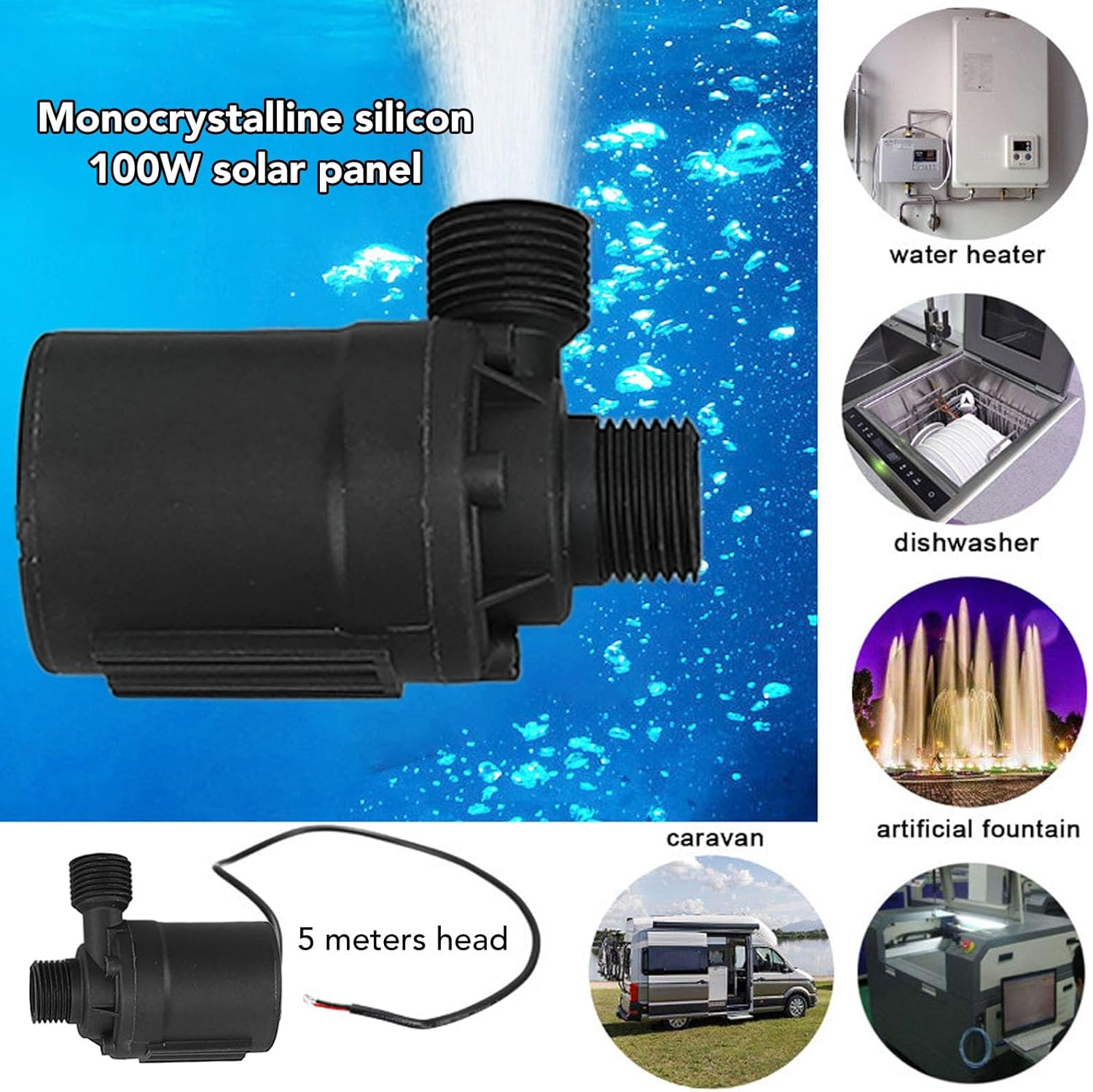 Gernie DIY Solar Kit for Water Feature Outdoor, 100W Solar Powered Water Fountain Pump, 800L/H 16.4Ft Lift, Modern Style