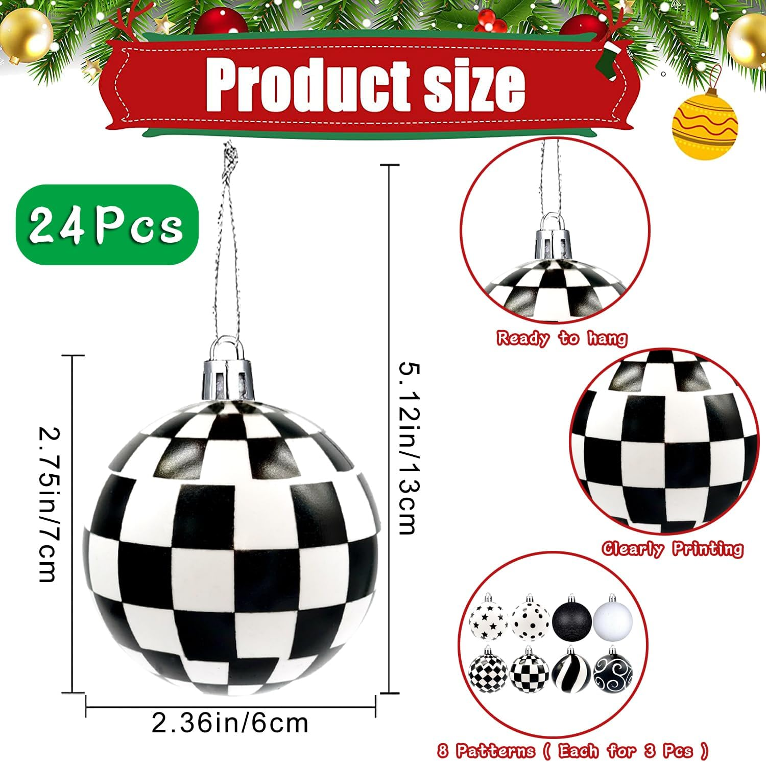 24 Pieces Black and White Winter Balls Dot Hanging Christmas Ball Christmas Polka Dot Ornaments Farmhouse Christmas Ball Ornaments Black and White Checkered Ball Ornament for Christmas Tree Decor image number 5
