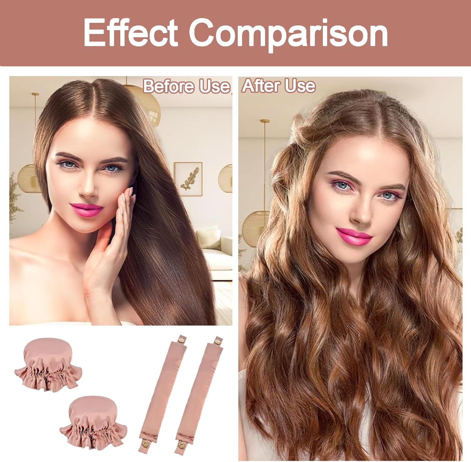 Overnight Hair Rollers, Set of 2, Heatless Curls Set, Non-Slip Sleeping Curling Band Overnight, Heatless Silk Hood Curlers for Short, Medium, Long Hair Girls Overnight Curls (Pink) image number 2