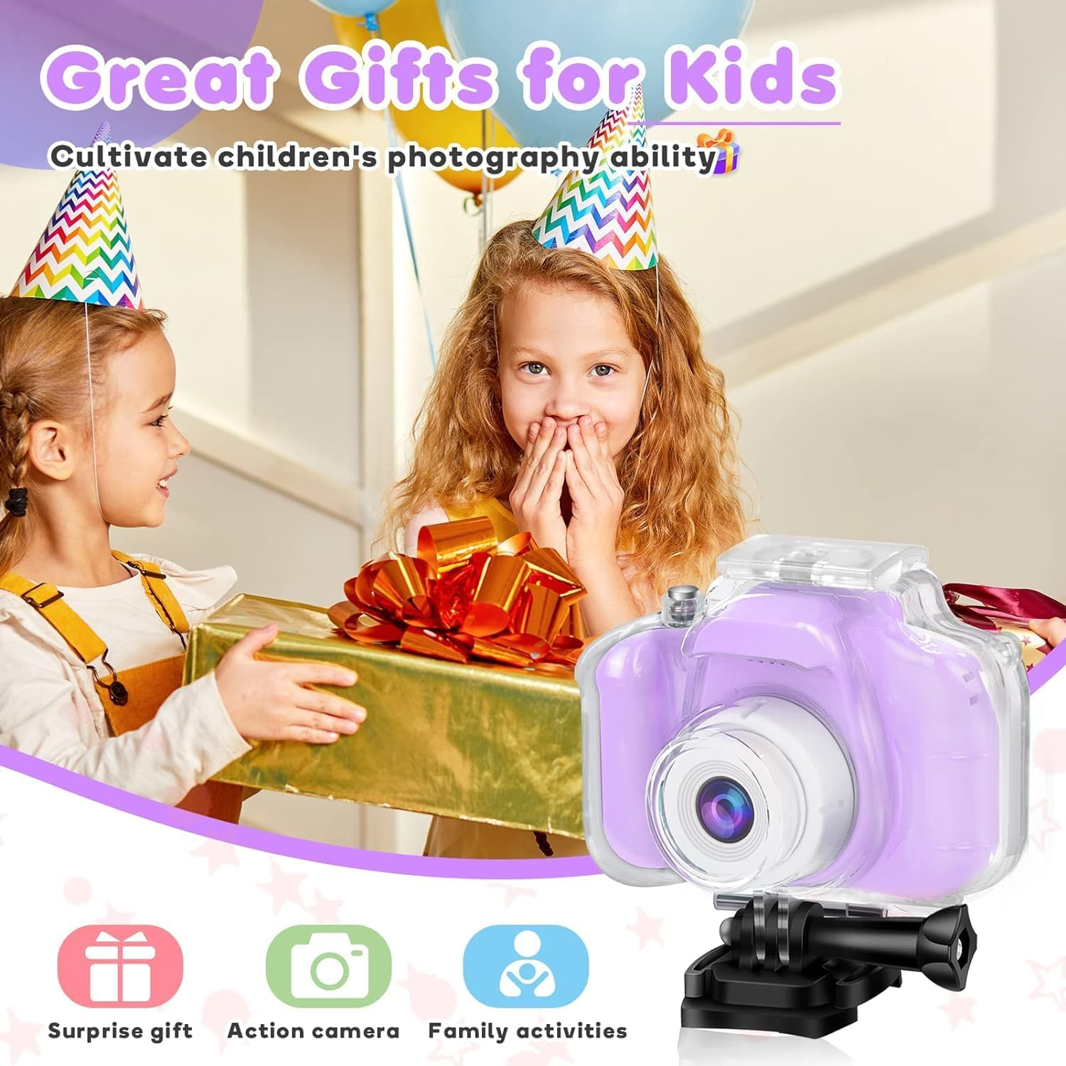Kids Waterproof Digital Camera Gifts for 6 7 8 9 10 Year Old Action Kids Camera for Age 3-12 Christmas Birthday Gifts Underwater Video Recorder with 32GB SD Card (Sweet Purple) image number 5