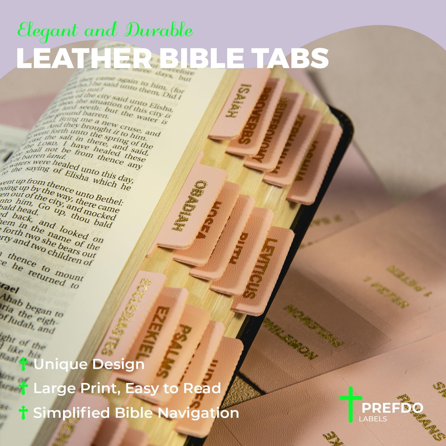 Leather Bible Tabs, Prefdo Bible Index Tabs for Study Bible, Bible Tabs for Women and Men, 66 Book Tabs for Old and New Testament & 6 Blank, Christian Gift (Pink) image number 1