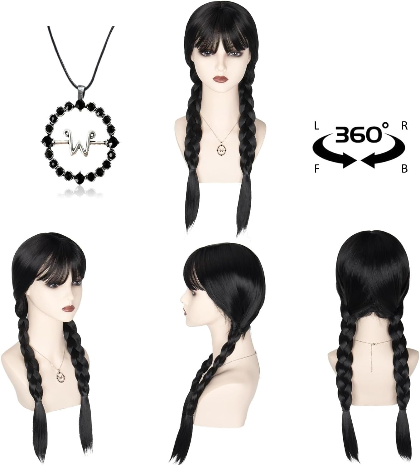 Long Braided Wigs for Women Black Braided Wednesday Wig with Fringe Cosplay Costume Party Wigs for Family Women Girls image number 1