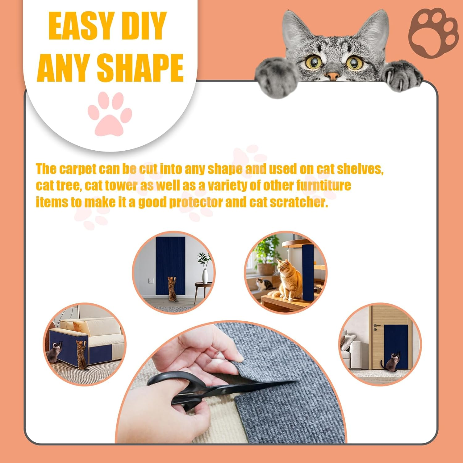 Cat Scratch Furniture Protector, 78.7"X15.8" Large Self-Adhesive Mat, Trimmable Scratch-Resistant Carpet for Sofa, Wall, Cat Tree & Door Protection, Durable Indoor Cat Scratcher (Dark Blue) image number 3