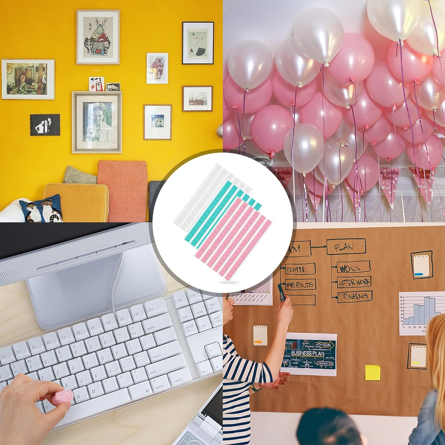 JULBEAR 288 Pcs Sticky Tack, Removable Adhesive Poster Putty, Reusable Wall Safe Mounting Tack for Hanging Pictures and Museum Art Photography (White, Blue, Pink) - 288, Blue,Pink,White image number 5