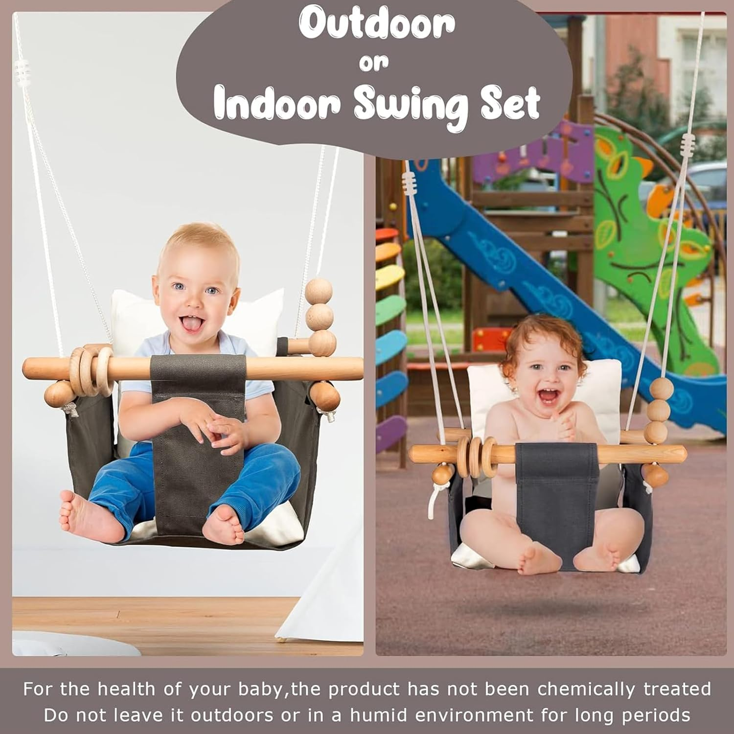 Baby Swing Seat, Visuivit Durable Canvas Hanging Swing for Outdoor/Indoor Use with Canvas Cushion & Safety Belt, Swing Sets for Baby Hammock Toy Backyard (White & Grey) image number 1