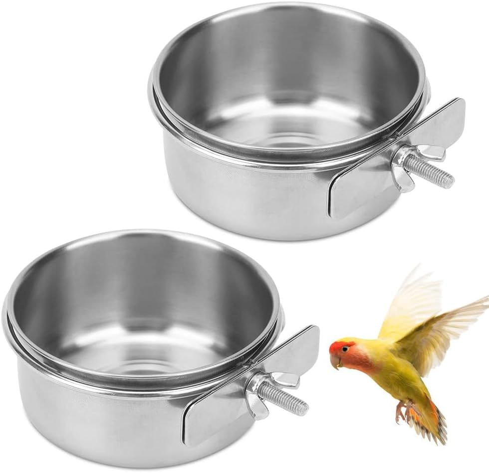 2Pcs Stainless Bird Feeding Bowls,Parrot Feeding Cup,Chinchilla Foods Water Bowl,Birds Cage Feeders and Waterers Parrot Food Bowls Clamp Holder Cup image number 2