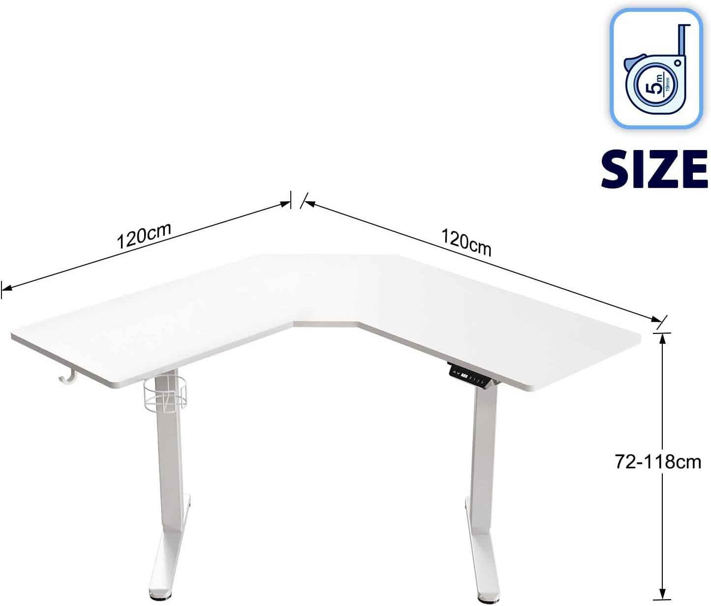 Luxsuite Electric Standing Desk L Shaped Sit Stand up Table Desktop Desk Motorised Height Adjustable Rising Computer Office Sturdy Workstation USB & Type C & Headphone Hook, Cup Holder 120X120Cm White