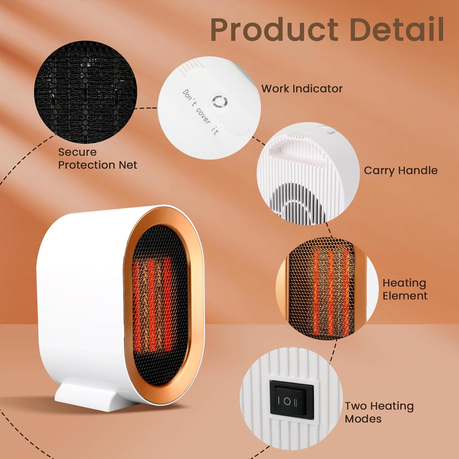 Space Heater for Indoor Use, Angkng 1200W Portable Heaters with Overheat, Tip-Over Protection， Small Electric Heater under Desk for Office, Portable Space Heater for Bedroom, Fast Heating for Room image number 2