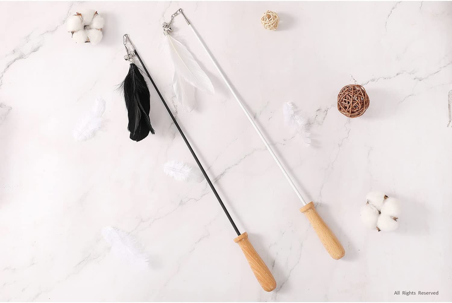 Cat Teaser Toy with Wooden Handle - Retractable Cat Teaser Wand with Natural Feather - Cat Interactive Toy for Indoor Cats - White image number 5