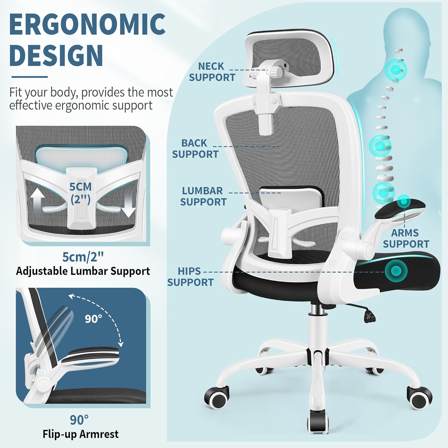 Felixking Ergonomic Office Chair, Headrest Desk Chair Office Chair with Adjustable Lumbar Support, Home Office Swivel Task Chair with High Back and Armrest (White) image number 5