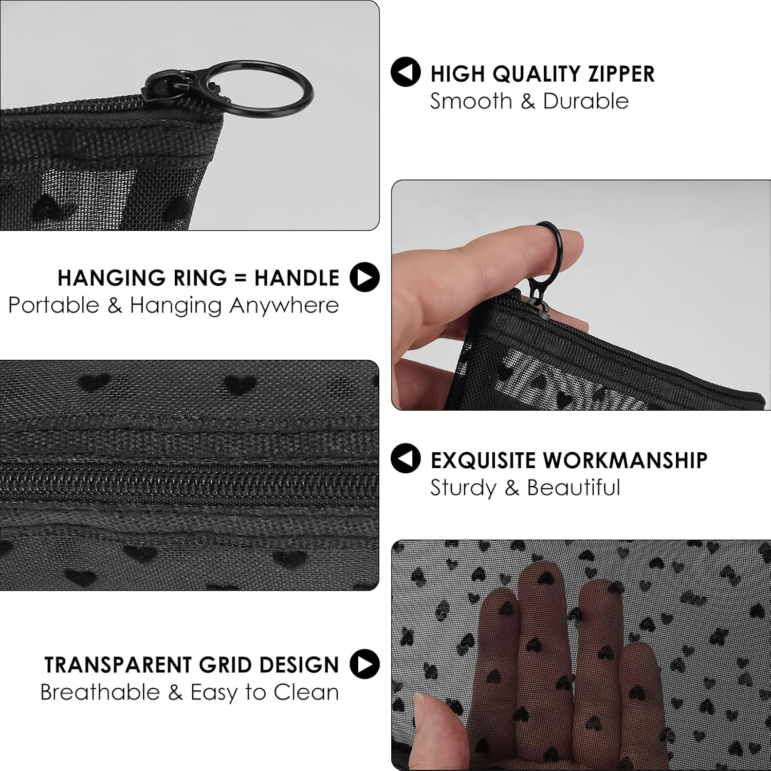 Mesh Makeup Bags, Heart Print Zipper Mesh Storage Pouch, Travel Cosmetic Accessories Organizer for Women, Black-Set of 3 image number 3