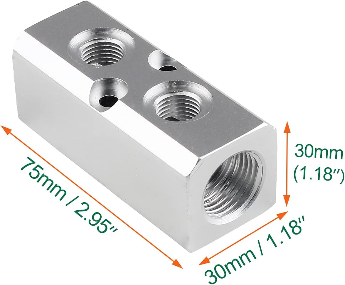 2 Way Pneumatic Manifold Air Distribution Block, Compressed Air Manifold Pneumatic Block, Air Coupler Fast Connector for Compressor, Silver image number 1