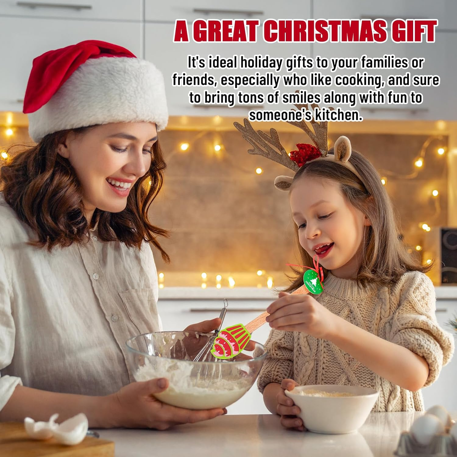 Whaline 10Pcs Christmas Silicone Spatula Xmas Tree Santa Spatula with Wooden Handle Xmas Snowman Dish Pan Scraper Cute Pancake Spatula with Tag & Ribbon for Kitchen Baking Mixing Cooking image number 5