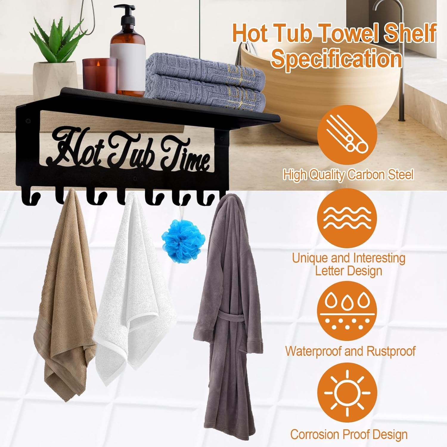 Hot Tub Towel Rack 8 Hooks Hot Tub Accessories with Shelf Bathroom Towel Holder Organizer Outdoor Wall Mount Decor in Bath Hot Spring Swim Pool Hotel image number 2