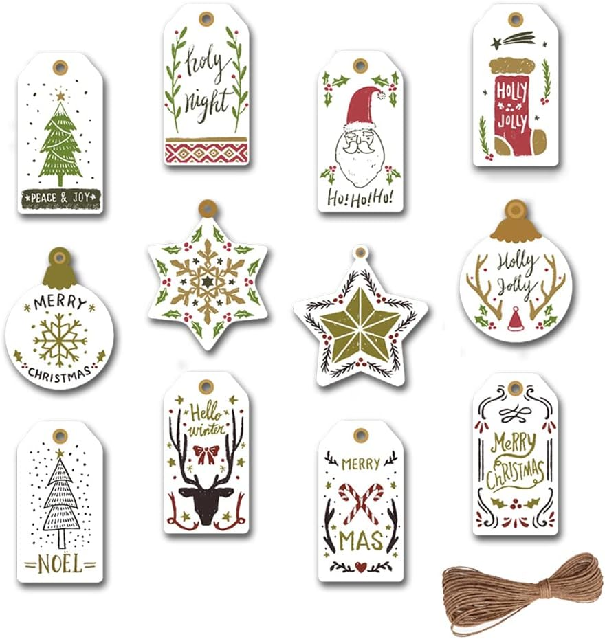 Cute Christmas Tags 60Pcs Set of 12 Designs with Natural Jute Twine Christmas Tree Decoration Holiday Decor Gifts Card Baking Birthday Wedding Paper Tags image number 6