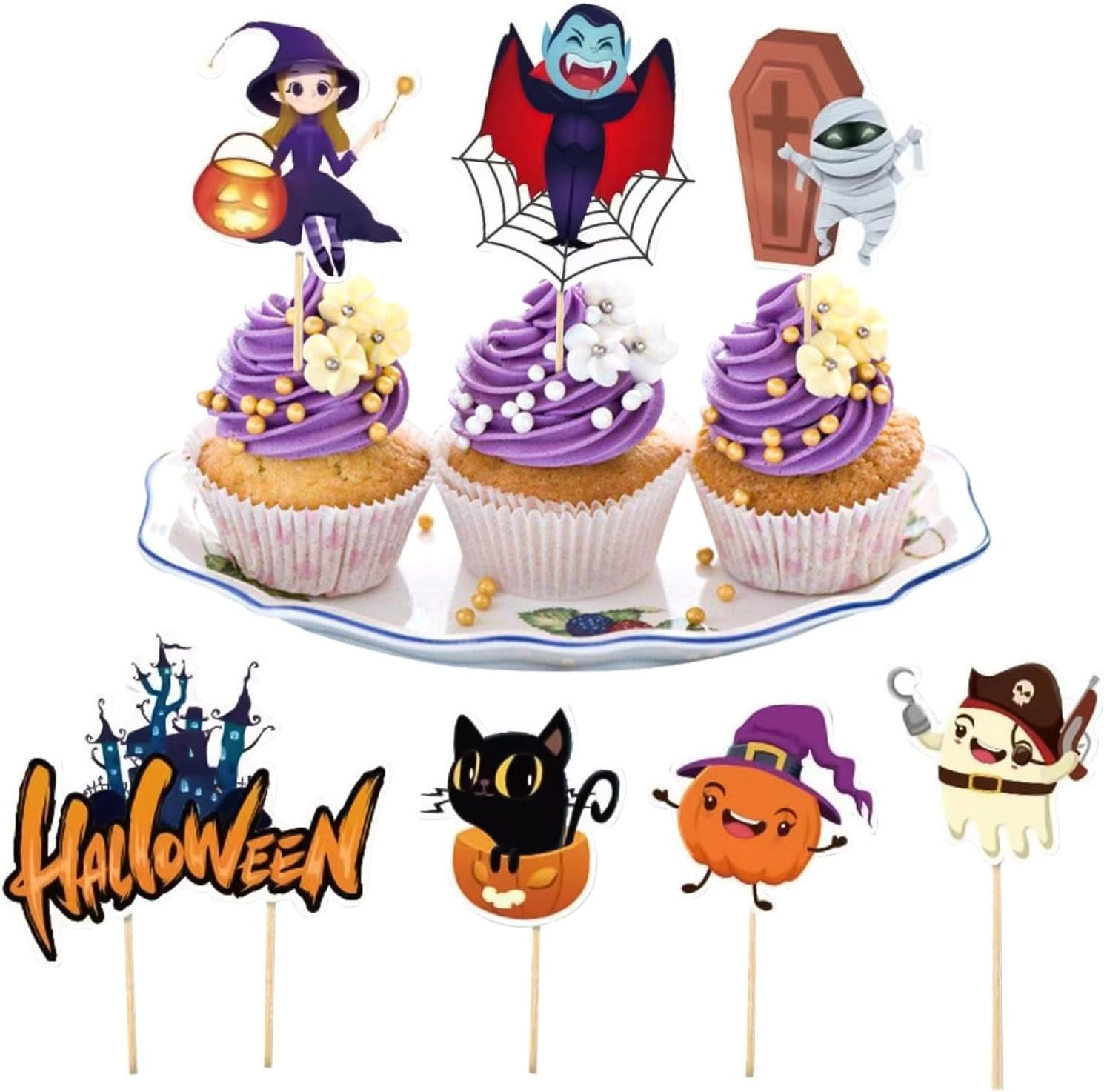 Halloween Dessert Toppers,7X Halloween Theme Cake Decor - Castle, Zombie, Ghost, Witch, Black Cat, Vampire, Pumpkin Fruit Food Cake Topper for Birthday