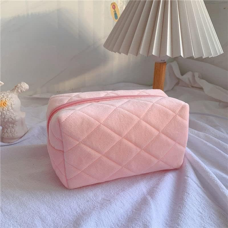 Plush Makeup Bag Cosmetic Bag for Women,Zipper Large Solid Color Travel Toiletry Bag Travel Make up Toiletry Bag Washing Pouch, Pink image number 4
