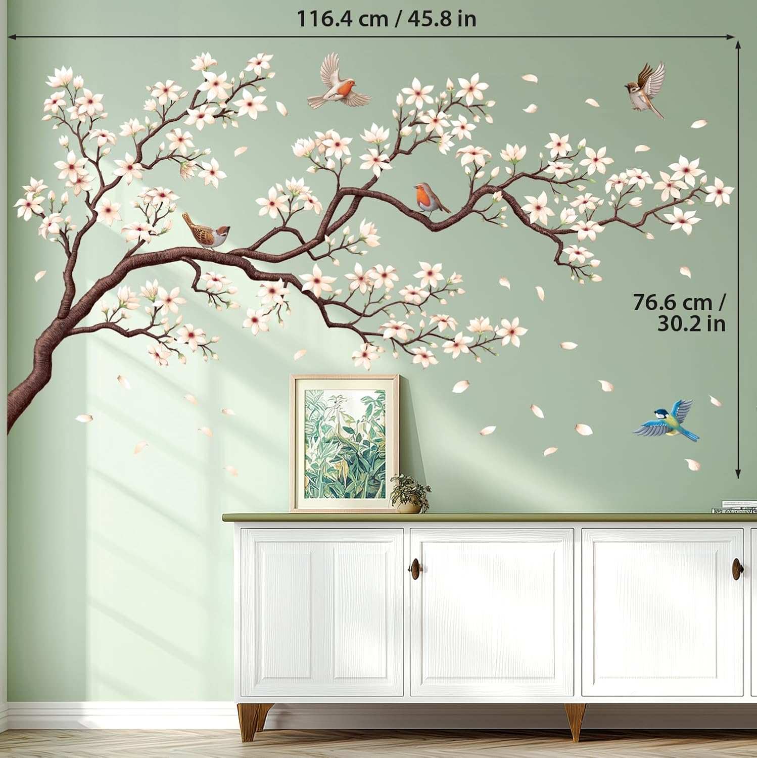 DECOWALL SG2-2424 White Cherry Blossom Branch Wall Stickers Removable Decals Nursery Bedroom Living Room Art Home DIY Decor Floral Birds Murals Colorful Oriental Decoration