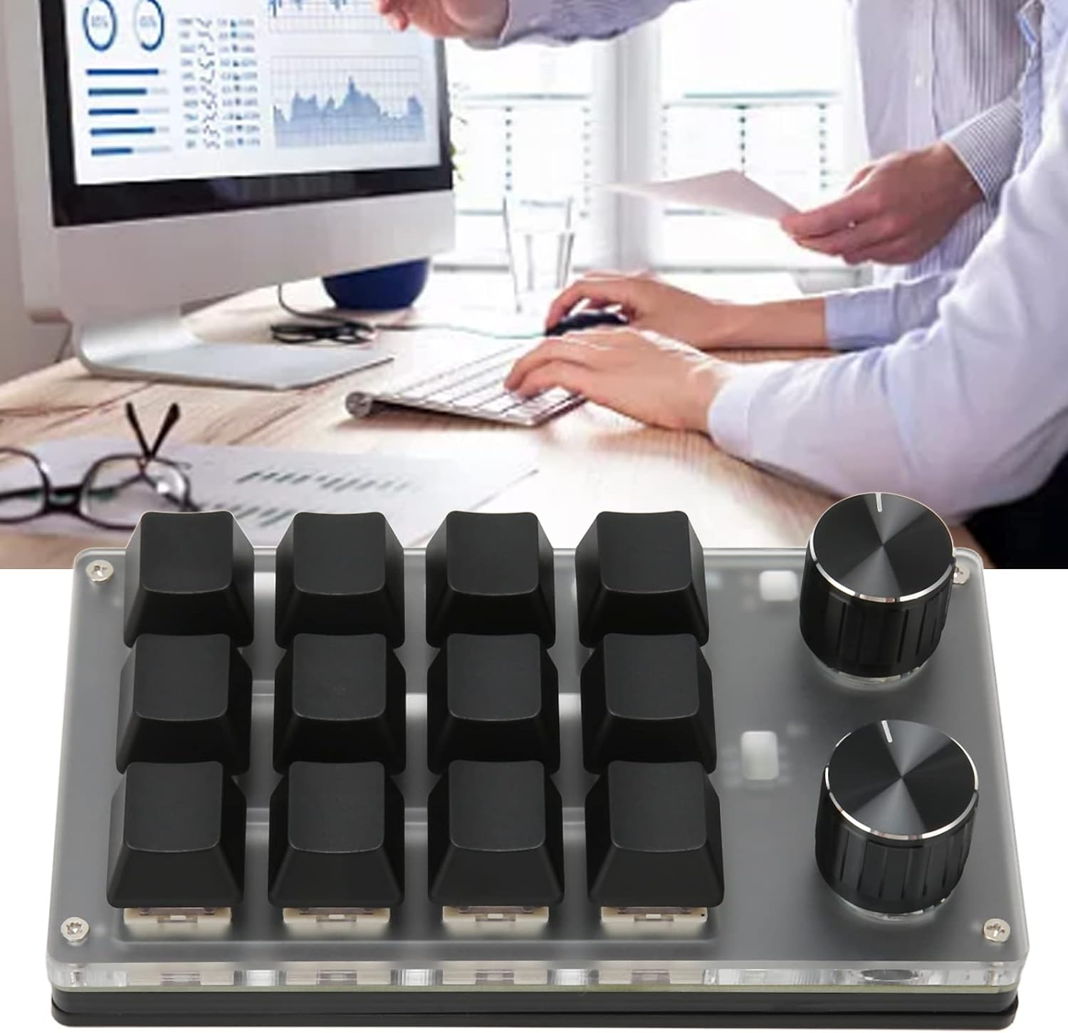 Mini Macro Mechanical Gaming Keyboard, USB Programmable Keypad with Knob for PC Gamer Office Media, Knob Design Ergonomic Design Dual Mode Keypad Oneclick (12 Keys with 2 Knobs) image number 5