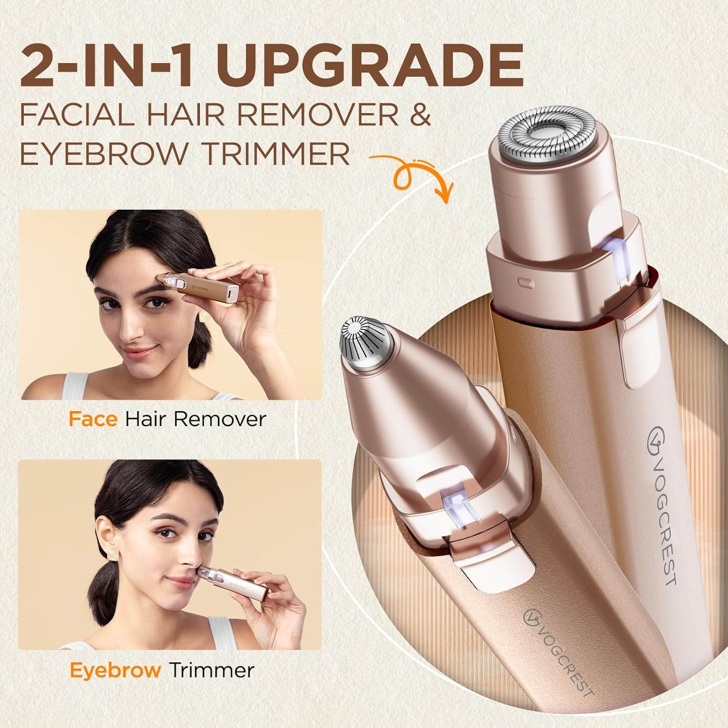 VG VOGCREST Rechargeable Facial Hair Removal for Women: 2-In-1 Electric Eyebrow and Facial Hair Removal Device - Suitable for Eyebrows Chin Cheeks Features a Built-In LED Light (Gold) - Green image number 2