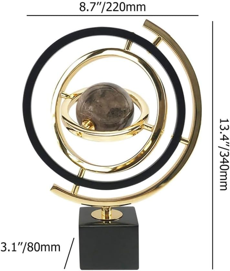 Decorative Statues, Modern Orbital Planet Sculpture Gold and Black Metal round Frame. Alloy Base. Flexible Rotating Desktop Abstract Globe Ornament. image number 5