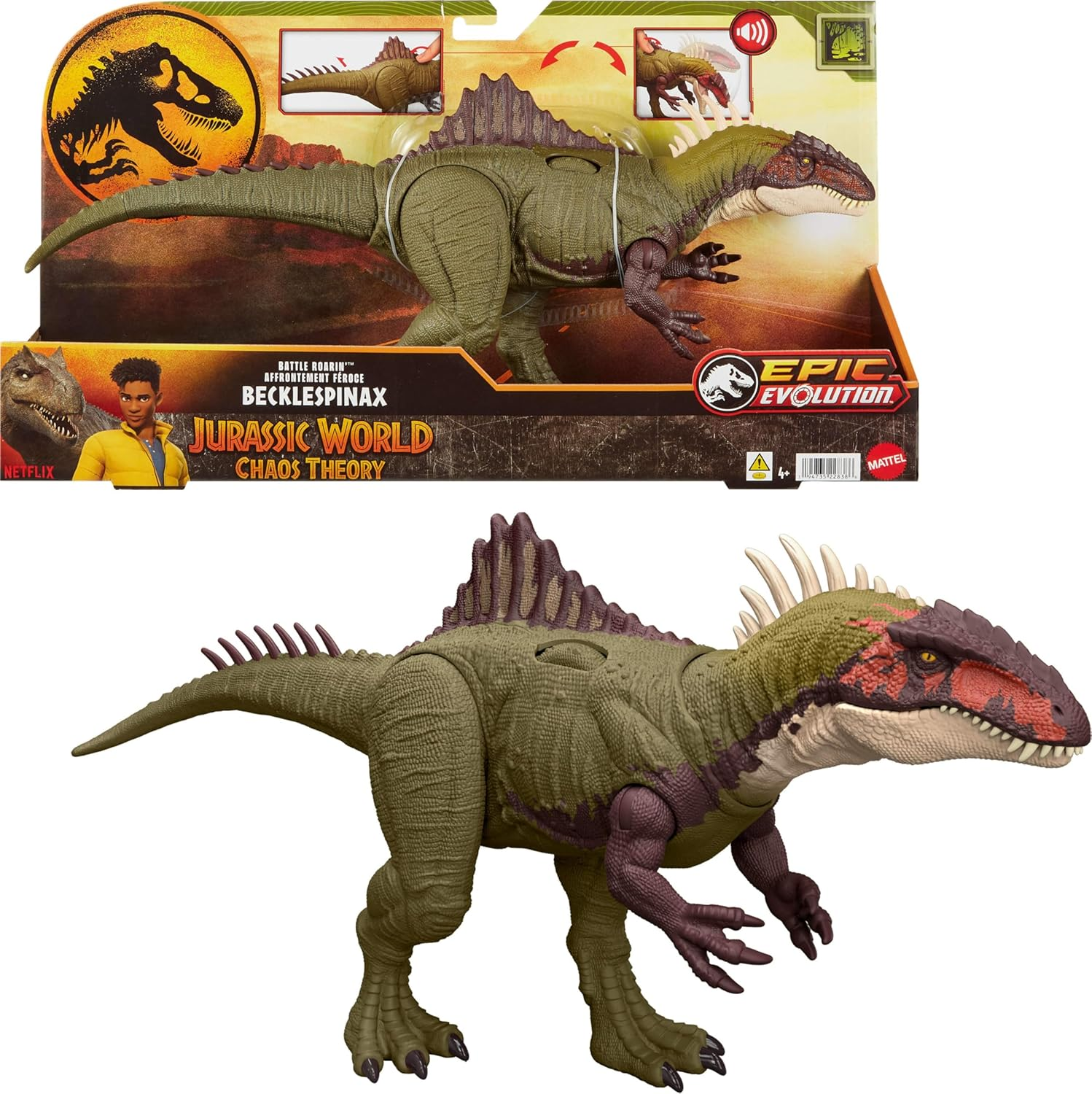 Jurassic World Chaos Theory Battle Roarin&rsquo; Becklespinax Dinosaur Action Figure Toy, Rampage Head Strike, Chomp, Roars & Snarls, Extending Spikes image number 2