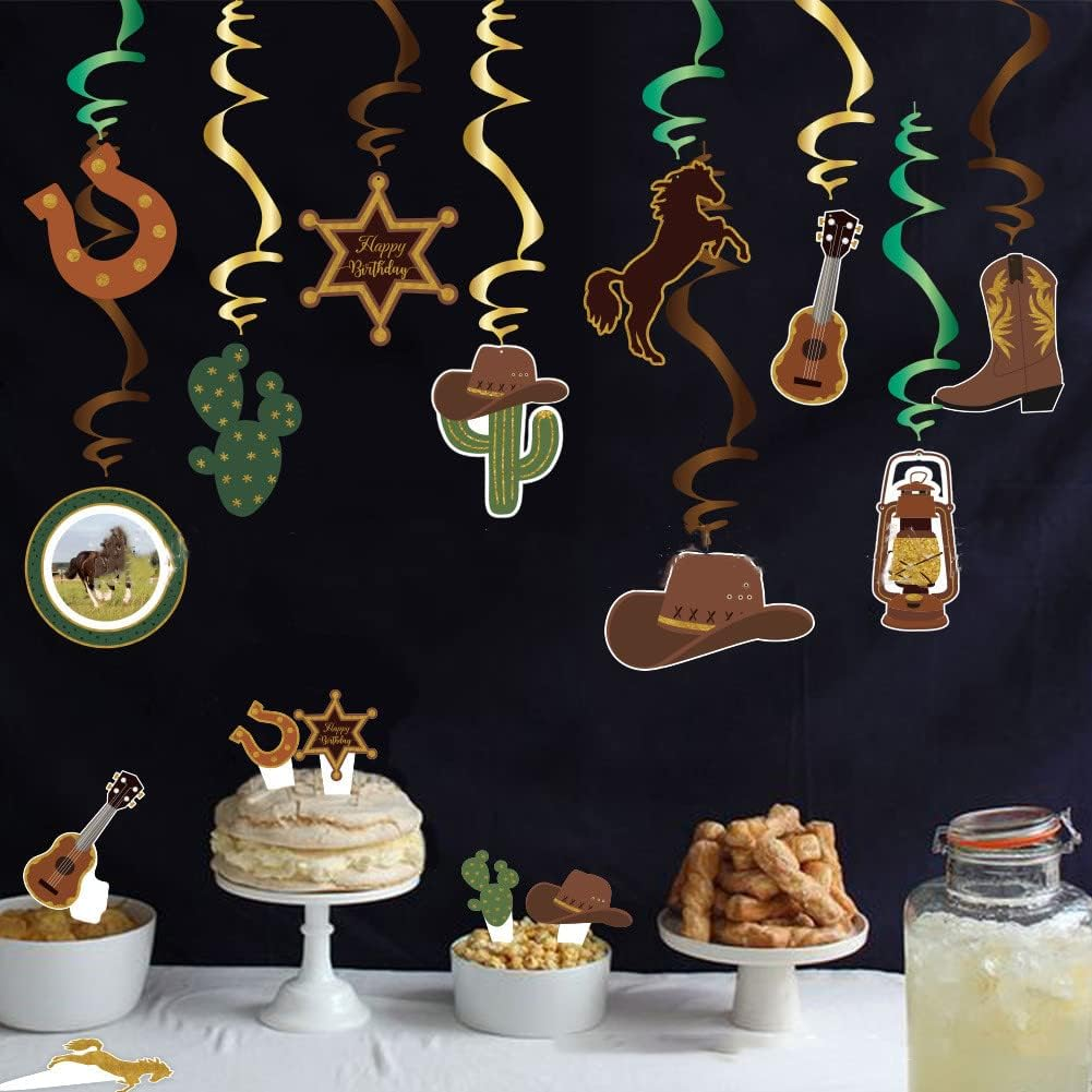 36 Pcs Rodeo Banner Western Cowboy Hanging Swirls Cake Toppers for Birthday Party Supplies image number 1
