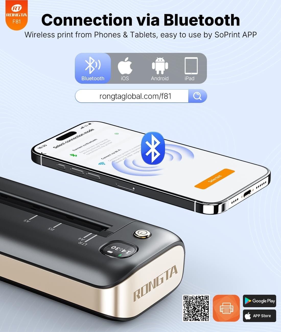 Rongta Portable Printers Wireless for Travel, Bluetooth Mobile Printer, Thermal Inkless Printer for School/Office/Home Use, Compatible with Android,Ios & Laptop (Gray) image number 4