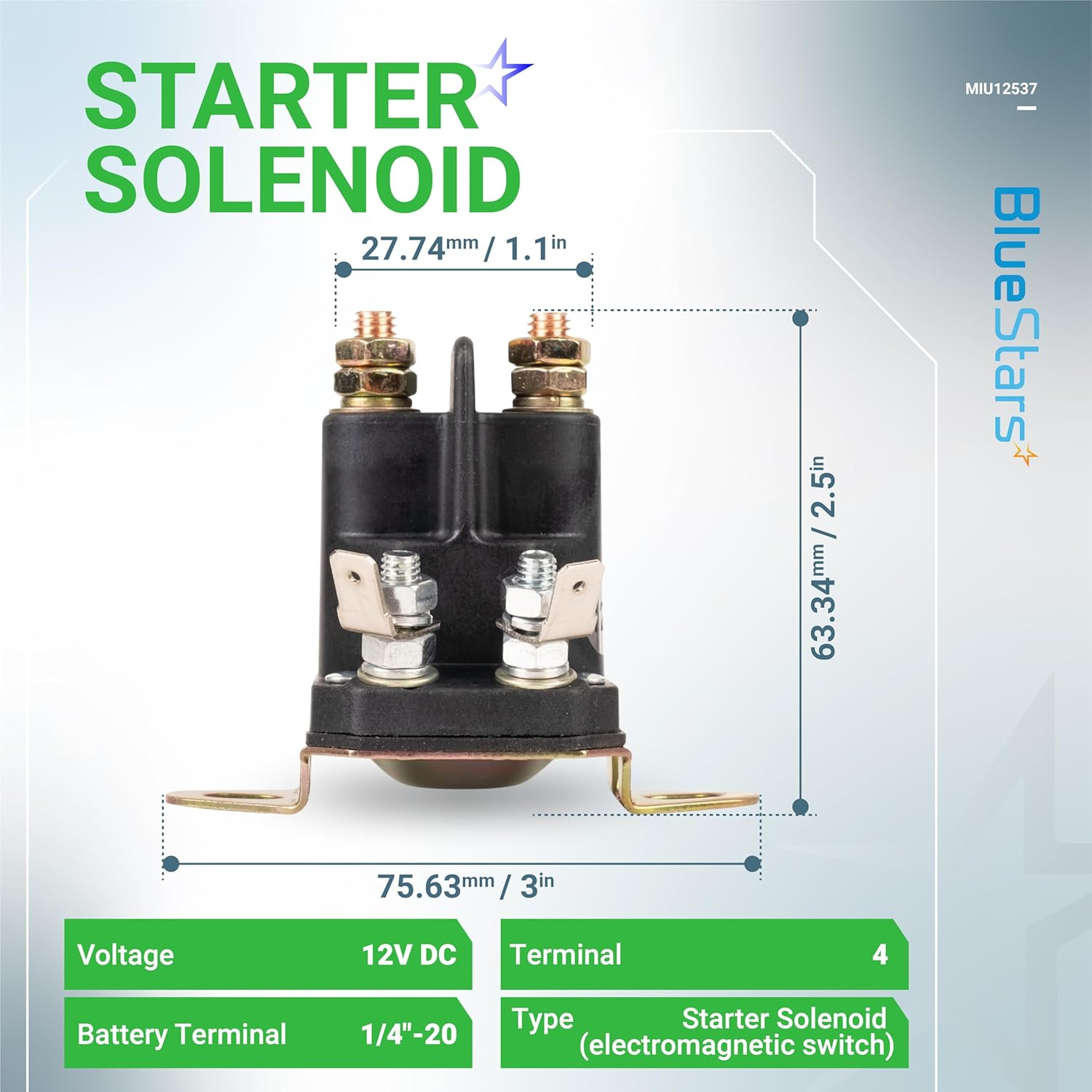 Bluestars MIU12537 Starter Solenoid - Compatible with John Deere S240 X300 X304 X305R X310 X320 X324 X350 X354 X360 X370 X380 X384 X390 X394 Lawn Tractors - Replaces 884-1221-210-02 892-1221-210 image number 6