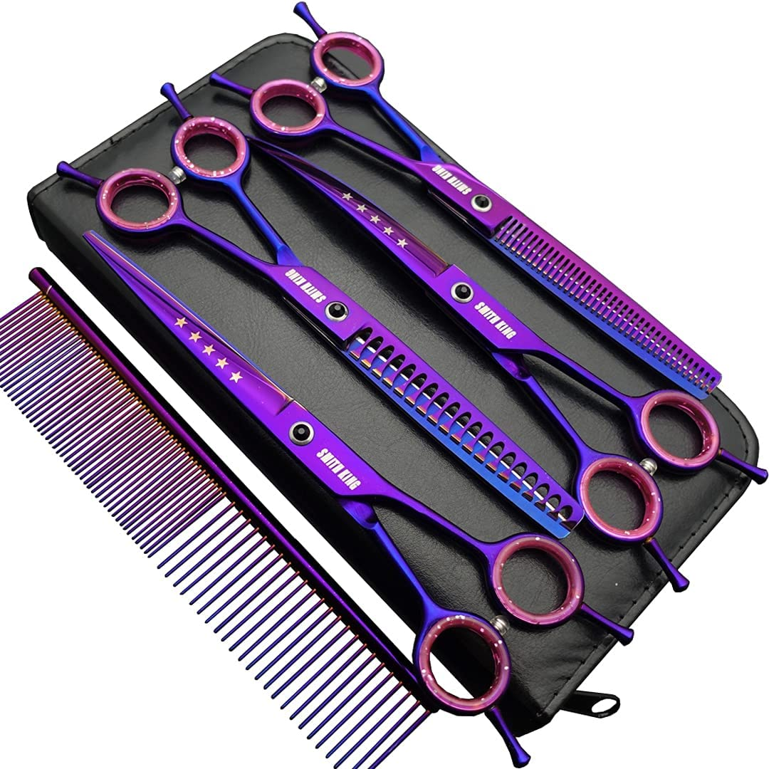 7.0 Inches Professional Dog Grooming Scissors Set Straight & Thinning & Curved & Chunkers & Comb 5Pcs in 1 Set for Left-Handed & Right Handed Black