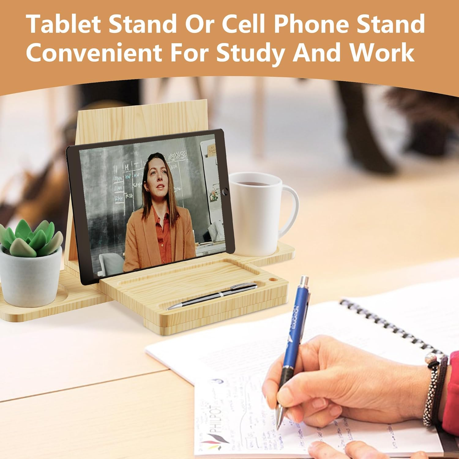 Triangle Book Holder Stand, Wooden Book Nook Reading Valet, Book Rest with Cup, Glasses & Pen Holder, YITOBA Book Display Stand for Reading in Bed, Coffee and Book Lovers (Yellow) - Yellow image number 5