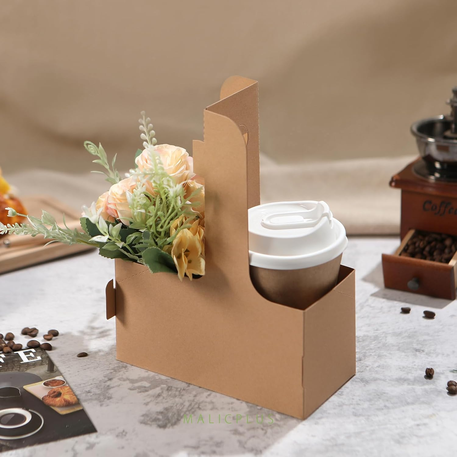 20 Drink Carrier with Handles to 2 Cups, Kraft Paperboard Drink Carriers of 12-20 Oz to Go Coffee Cup Holder, for Hot and Cold Cup Carrier, Takeout, Cafe and Restaurant Food Service Delivery