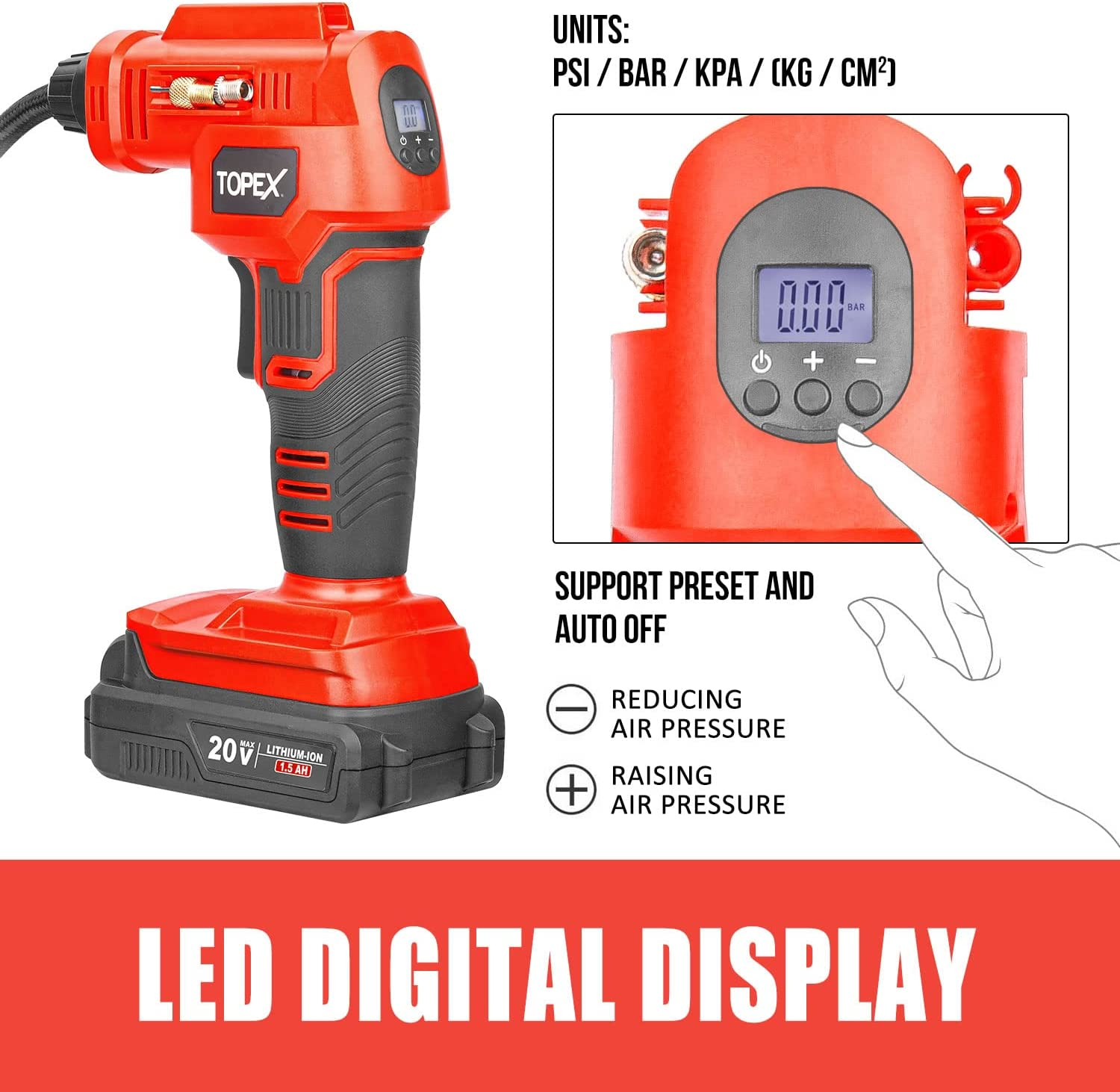 TOPEX 20V Cordless Air Compressor Car Tyre Inflator W/Digital Pressure Gauge LED Light image number 6