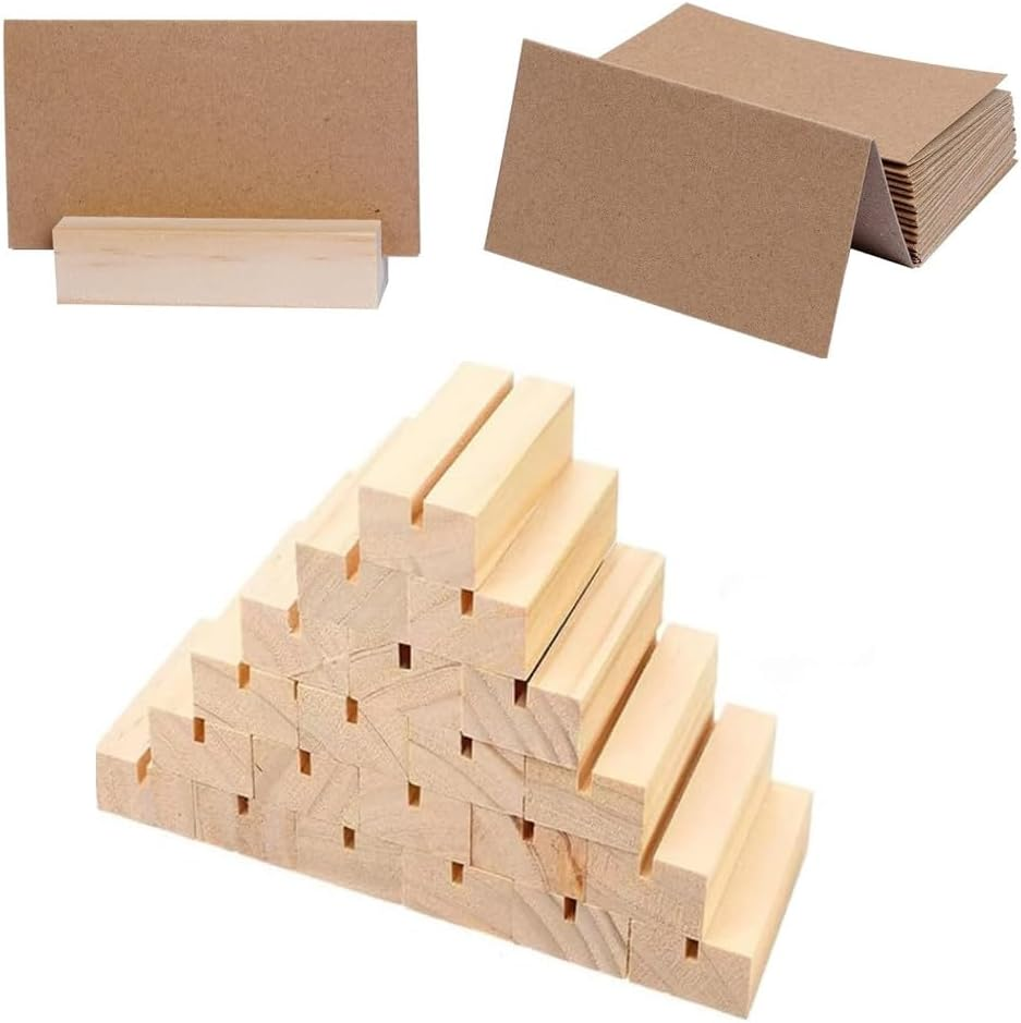 30 Pieces Wood Place Card Holders,Wood Sign Holders Table Number Stand, Table Number Holders Stands with Brown Paper Cards, for Table Number Signs, Wedding Party Events Display Name Card Photo Memo image number 2