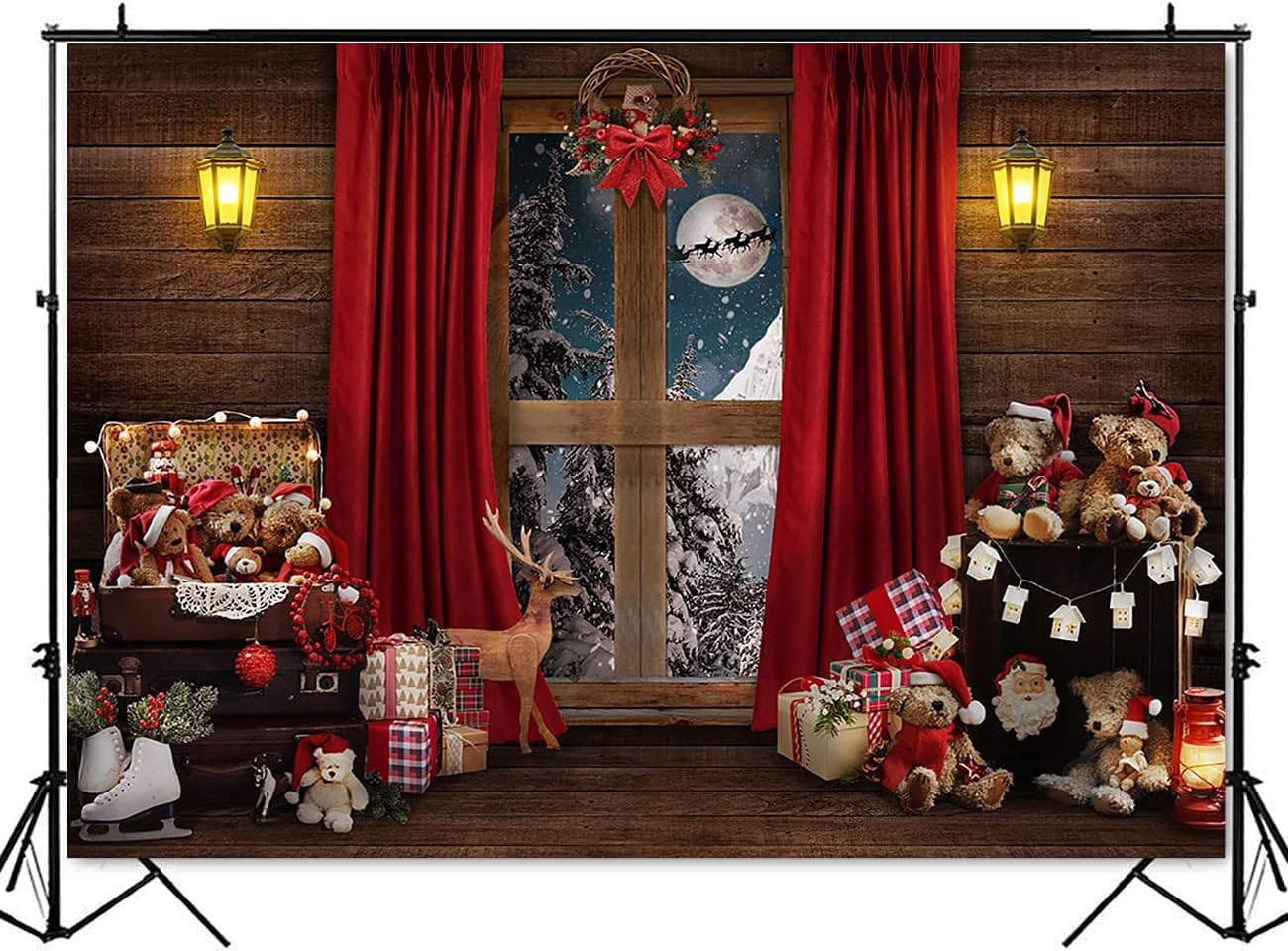 Mocsicka Christmas Window Backdrop Santa Gifts Bear Christmas Window Decorations for Baby Family Kids Indoor Xmas Tree New Year Holiday Photography Background (10X8Ft(120X96 Inch)) image number 4